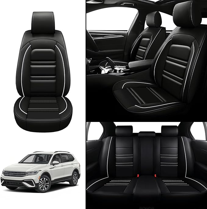 Seat Covers for VW Car tiguan 2009-2025 | 5-Seats Leather Seat Covers, Easy to Install Automotive Seat Covers Full Set (Full Set, Black&White Line)