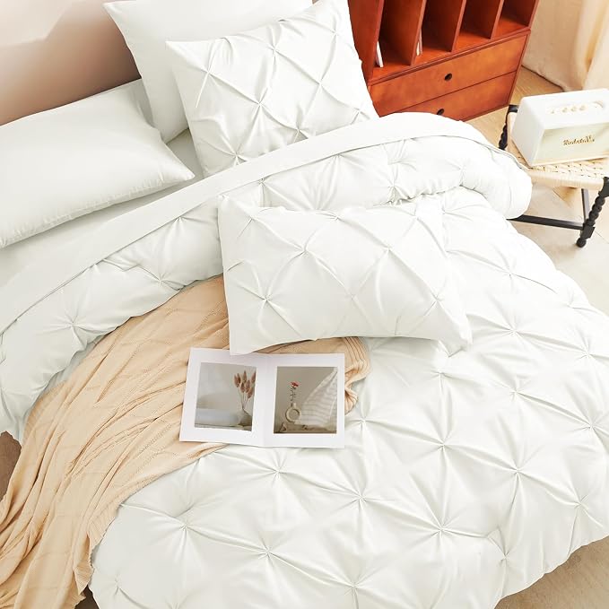 CozyLux Full Size Comforter Sets Ivory, 7 Pieces Pintuck Bed in A Bag Ivory - Image 4