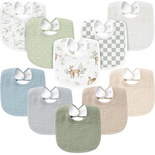 Konssy 10-Pack Muslin Baby Bibs, Soft Cotton Bandana Bibs for Drooling & Teething, Unisex Solid Colors for Boys & Girls, Newborn & Infant