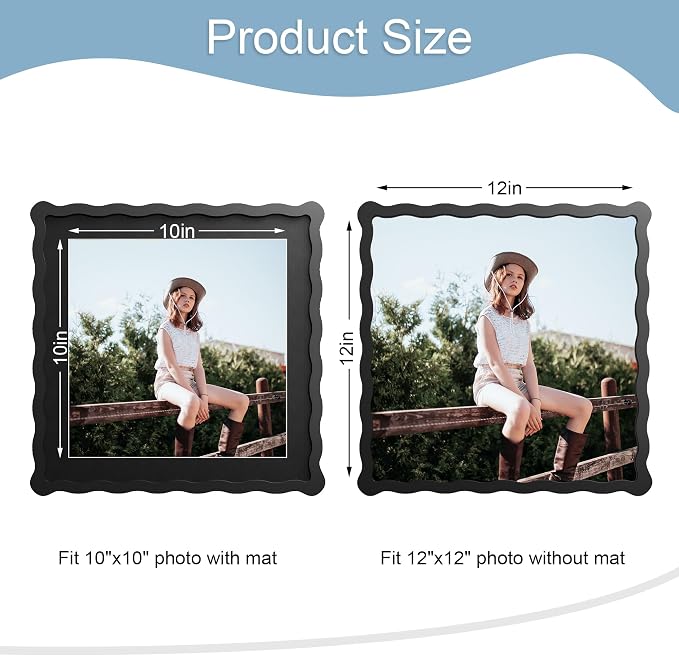 12x12 Picture Frame with Mat for 10x10, Wavy Edge Wooden Real Glass Photo Frame - Image 3