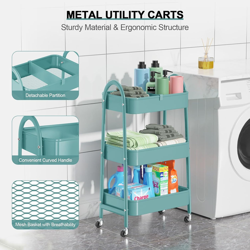 EAGMAK 3 Tier Utility Rolling Cart, Metal Storage Cart with Handle and Lockable Wheels, Multifunctional Storage Organizer Trolley with Mesh Baskets for Kitchen, Living Room, Office, Garage (Green)