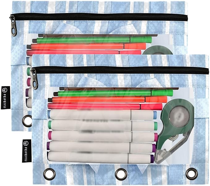 Blue Striped Bow Pencil Pouch for 3 Ring Binder, 2 Pack Waterproof Pencil Bags - Image 2