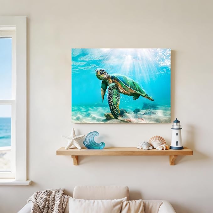 JAPO ART Green Sea Turtle Wall Decor Tropical Canvas Wall Art Prints Hawaii - Image 3
