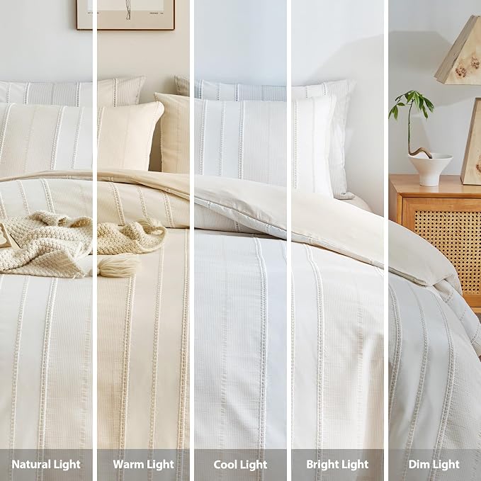 WARMDERN Khaki Striped Weave Duvet Cover Queen Size, Microfiber Textured - Image 8