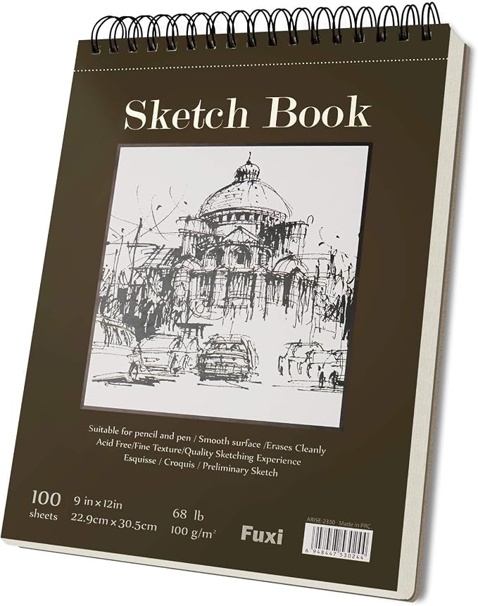 Fuxi 9" x 12" Sketch Book, Top Spiral Bound Sketch Pad, 100 Sheets 68lb/100gsm by SketchBook