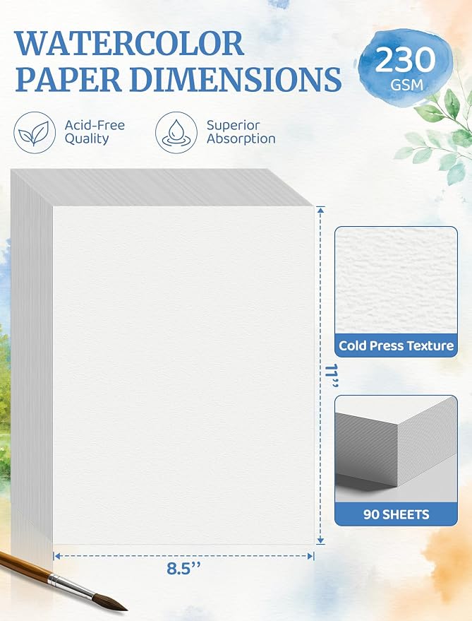 90 Sheets Watercolor Paper 8.5 x 11, 110 LB/230 GSM Water Color Paper 8.5x11 - Image 2