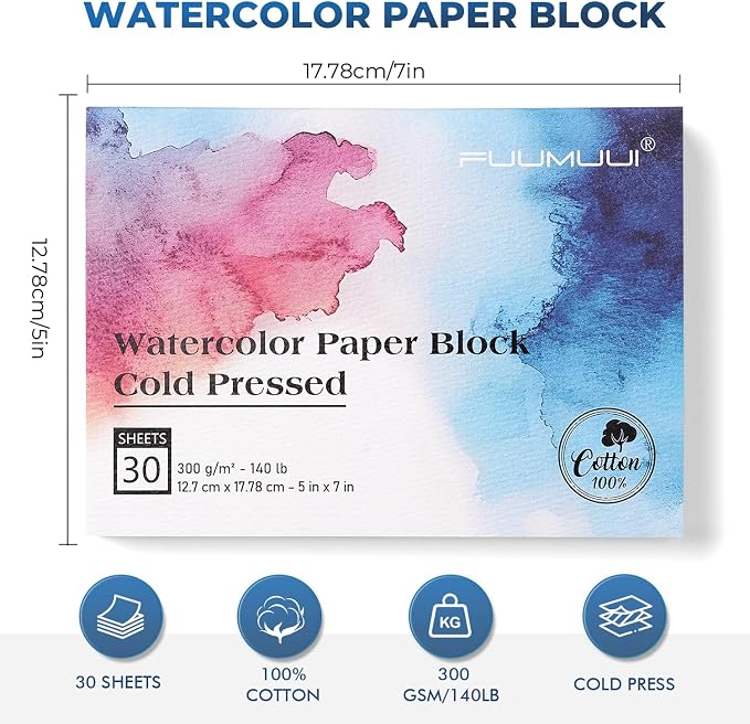 Watercolor Paper Block 5x7 Inch, Fuumuui 100% Cotton Watercolor Paper Pad of 30 - Image 4