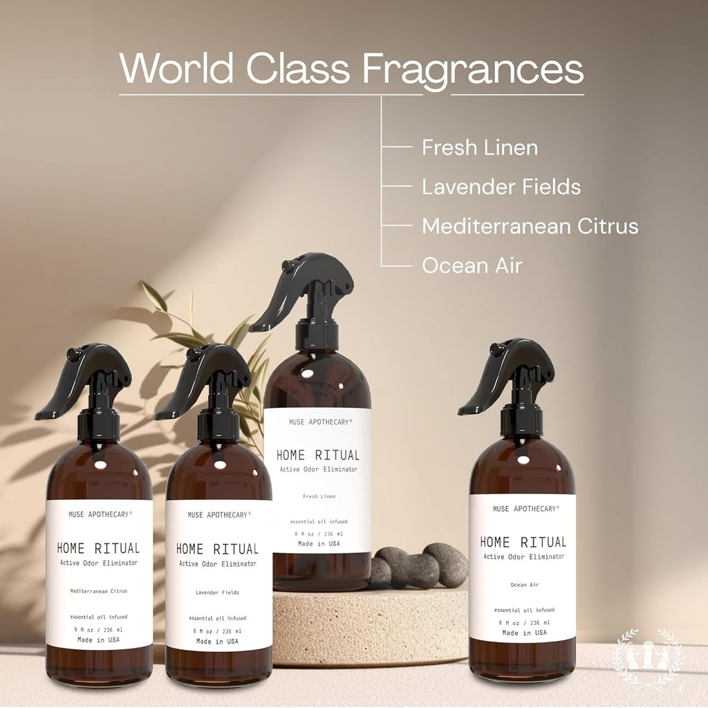 Muse Apothecary Home Ritual Active Odor Eliminator Spray - Furniture Deodorizer Spray & Bathroom Odor Eliminator for Home - Essential Oil Air Freshener - 8oz, Mediterranean Citrus