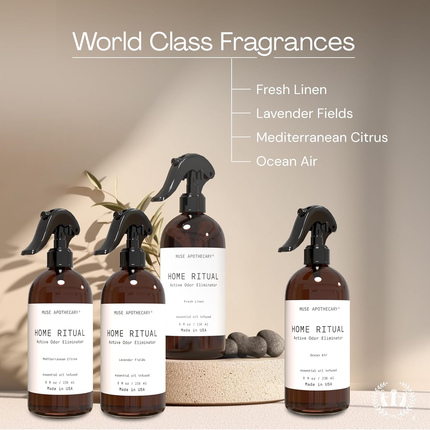 Muse Apothecary Home Ritual Active Odor Eliminator Spray - Furniture Deodorizer Spray & Bathroom Odor Eliminator for Home - Essential Oil Air Freshener - 8oz, Mediterranean Citrus