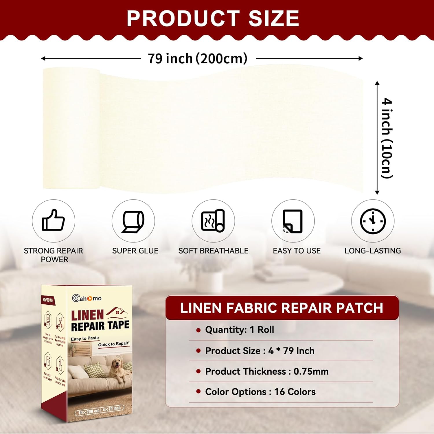 Linen Repair Tape 4x79 inch, Self Adhesive Fabric Patches, Linen Patch Tape Kit, Fabric Repair Tape for Couch Sofas, Headboards, Chairs, Pillows, Curtains, Couches - Beige White