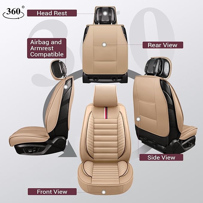 OASIS AUTO Car Seat Covers Premium Waterproof Faux Leather Cushion Universal Accessories Fit SUV Truck Sedan Automotive Vehicle Auto Interior Protector Front Pair (OS-001 Tan)
