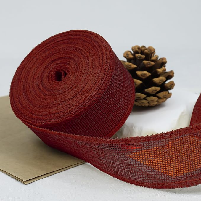 Burgundy Burlap Ribbon 1-1/2 inch X 10 Yard Dark Red Wired Ribbon | Natural - Image 3