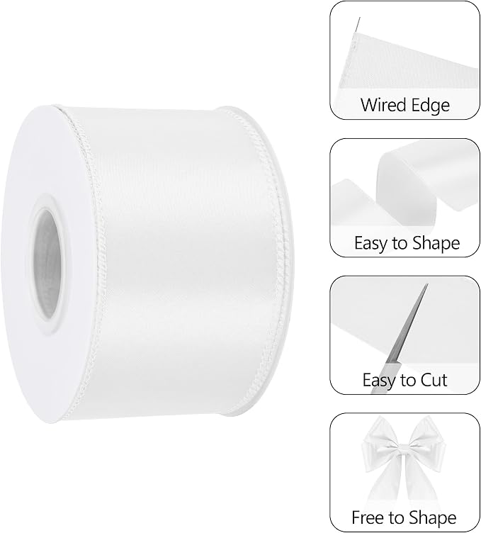 White 2.5 Inch Continuous 25 Yards Satin Wired Ribbon - Image 3