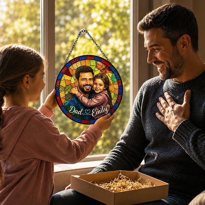 Personalized Dad Stained Glass Sun Catcher, Custom Photo Family Portrait Window - Image 4