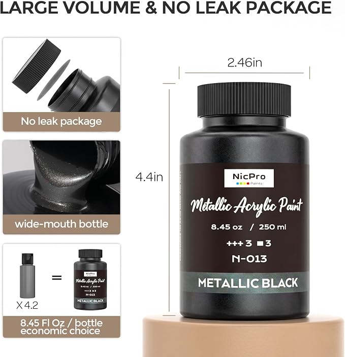 Nicpro Metallic Black Acrylic Paint, 8.45oz/250ml Large Black Craft Paint | - Image 4
