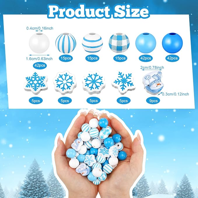 Qunclay 200 Pcs Blue Wooden Beads Winter Snowflake Snowman Wooden Beads - Image 2