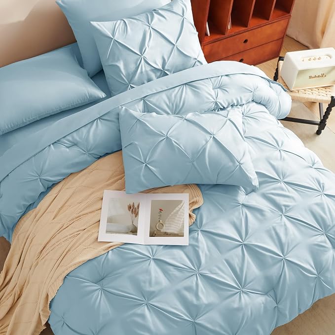 CozyLux Full Size Comforter Sets Light Blue, 7 Pieces Pintuck Bed in A Bag Blue - Image 4