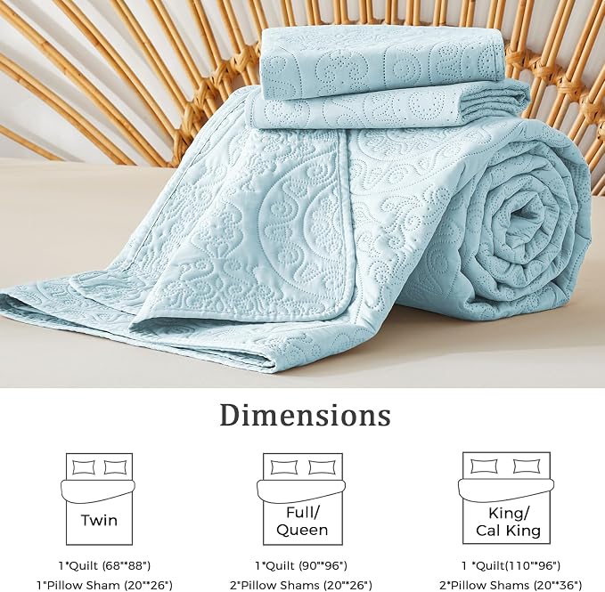 WURUIBO Sky Blue Quilt Set Queen Size, Embossing Microfiber Full Bedspreads - Image 6