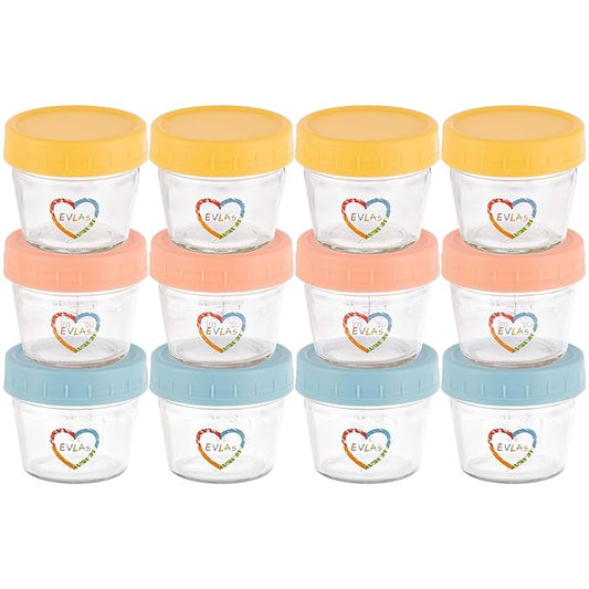 EVLAs Baby Food Containers 12-Pack - 4 oz Glass Jars with Lids - BPA-Free, Microwave, Freezer, and Dishwasher Safe Glass Baby Food Jars or Toddler Snack Containers for Kids Purees or Breastmilk