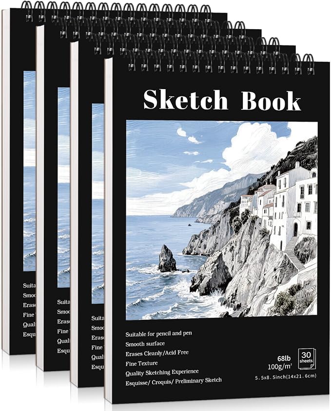 4 Pack Small Sketch Books, 5.5 x 8.5 Inch Mini Sketchbook, 68lb/100gsm Spiral by Prudiut