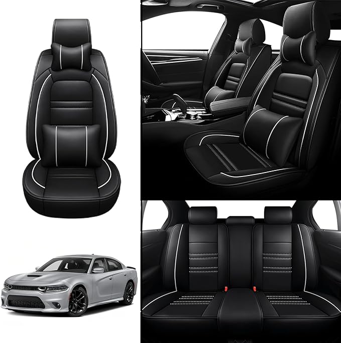 Car Seat Covers for Dodge Charger 2006-2023 | 5-Seats Seat Covers, Waterproof Seat Protectors, Automotive Seat Covers (Full Set with Pillow,Black&White Line)