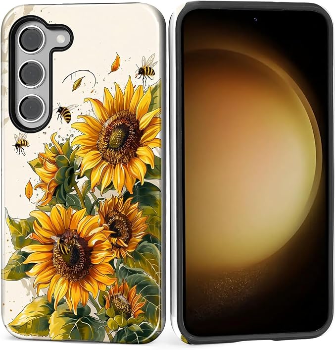 for Samsung Galaxy S23 Case, Sunflowers Bees Pattern Glossy 2 in 1 Shockproof by Teonvpu