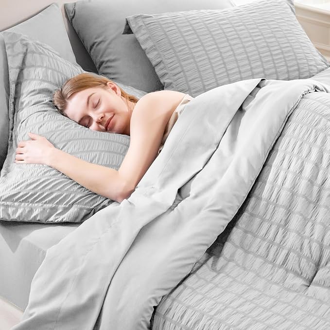 CozyLux Full Bed in a Bag Light Grey Seersucker Textured Comforter Set - Image 5