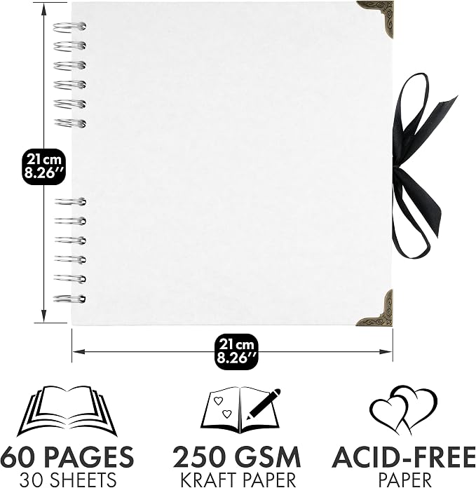 Bstorify Square Scrapbook Photo Albums 60 Pages White Thick Paper, Metal Corners - Image 2