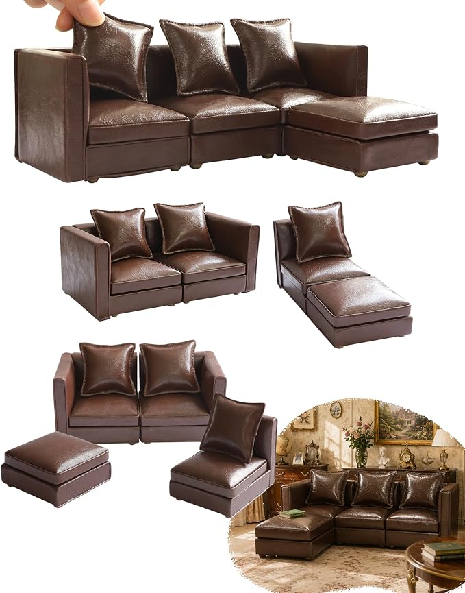 iLAND Dollhouse Furniture Sectional Dollhouse Couch Set Brown Faux Leather Sofa by ILANDTradingCoLtd