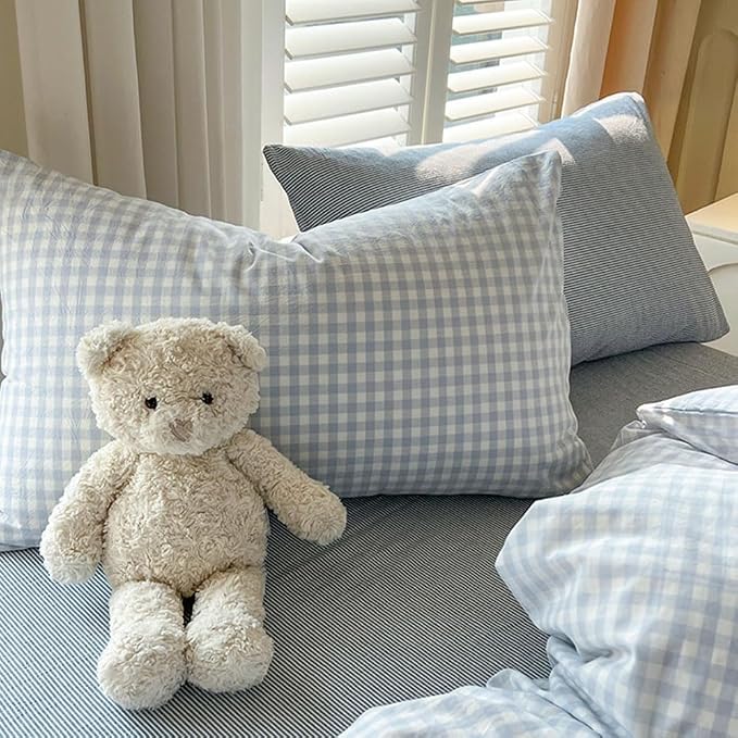Nayoroom Gingham Duvet Cover Twin Size Blue White Plaid Checkered Comforter - Image 7