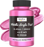 Nicpro Metallic Pink Acrylic Paint, 8.45oz/250ml Pearlescent Rose Shimmer | by Nicpro