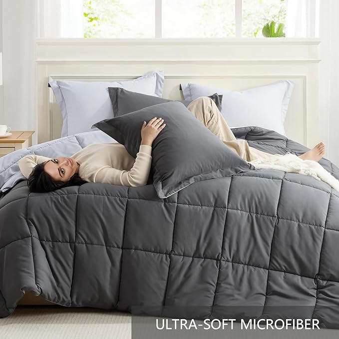 Homelike Moment Oversized Queen Comforter Set Grey, Lightweight Down - Image 5