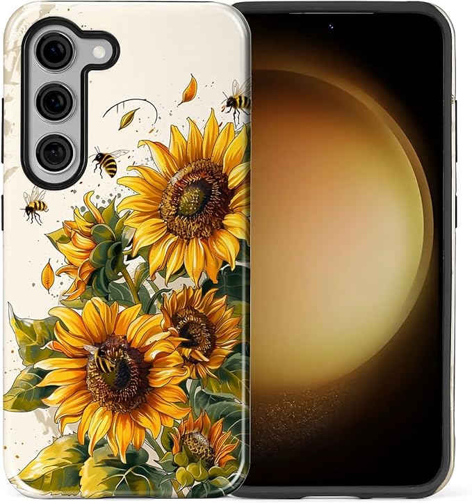 for Samsung Galaxy S23 Case, Sunflowers Bees Pattern Glossy 2 in 1 Shockproof - Image 2
