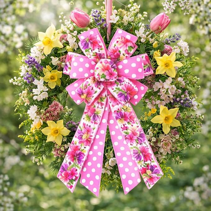 2 Rolls Spring Summer Pink Floral Wired Ribbon, 20 Yards White Dot and Colorful - Image 9