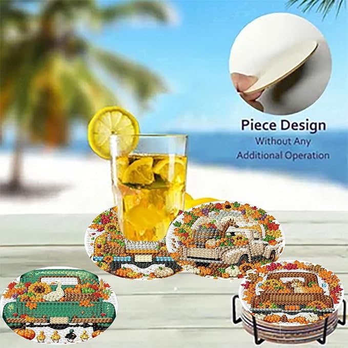 8 Pack Diamond Art Coasters, Autumn Truck Diamond Painting Coasters Kits | Fall - Image 4