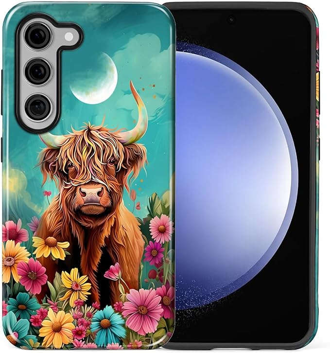 for Samsung Galaxy S23 Plus Case, Highland Cow Flower Pattern Glossy 2 in 1 - Image 2