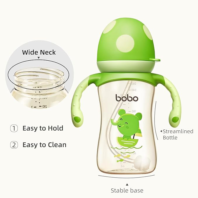YOHKOH Natural PPSU Baby Bottle with Natural Response Nipple, Newborn Anti-Colic Baby Bottles with Handle, Wide Neck Mushroom Cap Baby Bottle (8.8oz (Pack of 2), Green)