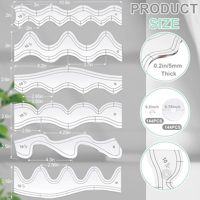 Kigley 6 Pcs Free Motion Quilting Templates Waves Acrylic Quilting Rulers - Image 2