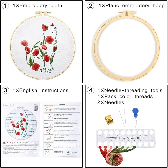 Crafmanoe Cat Embroidery Kits for Beginners Adults, Flowers Embroidery Starter - Image 6