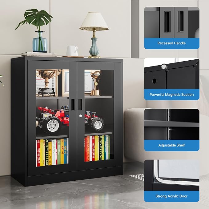 PEUKC Display Cabinet with Acrylic Doors, 35.4 Inches Metal Curio Storage - Image 3