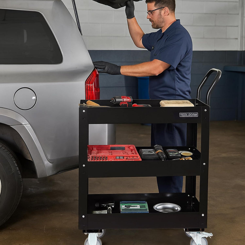 3 Tray 29.3 inch Tool Cart, self Assembly, 300 LBS Capacity Rolling Tool Carts on Wheels, Heavy Duty Utility Cart, Mechanic Tool Storage Cart for Garage, Warehouse and Repair Shop, Black