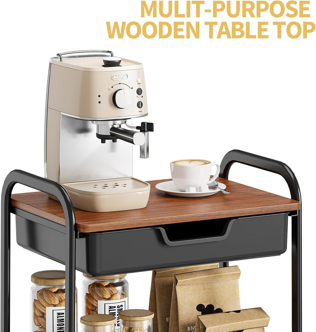 TOOLF 3-Tier Utility Rolling Cart with Wooden Board and Drawer, Metal Storage Cart with Handle, Black Trolley Kitchen Organizer Rolling Desk with Locking Wheels for Office, Classroom, Home, Bedroom