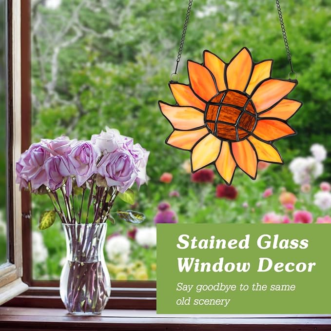 Lewondr Sunflower Stained Glass Window Hanging, Handcrafted Stained Glass - Image 2