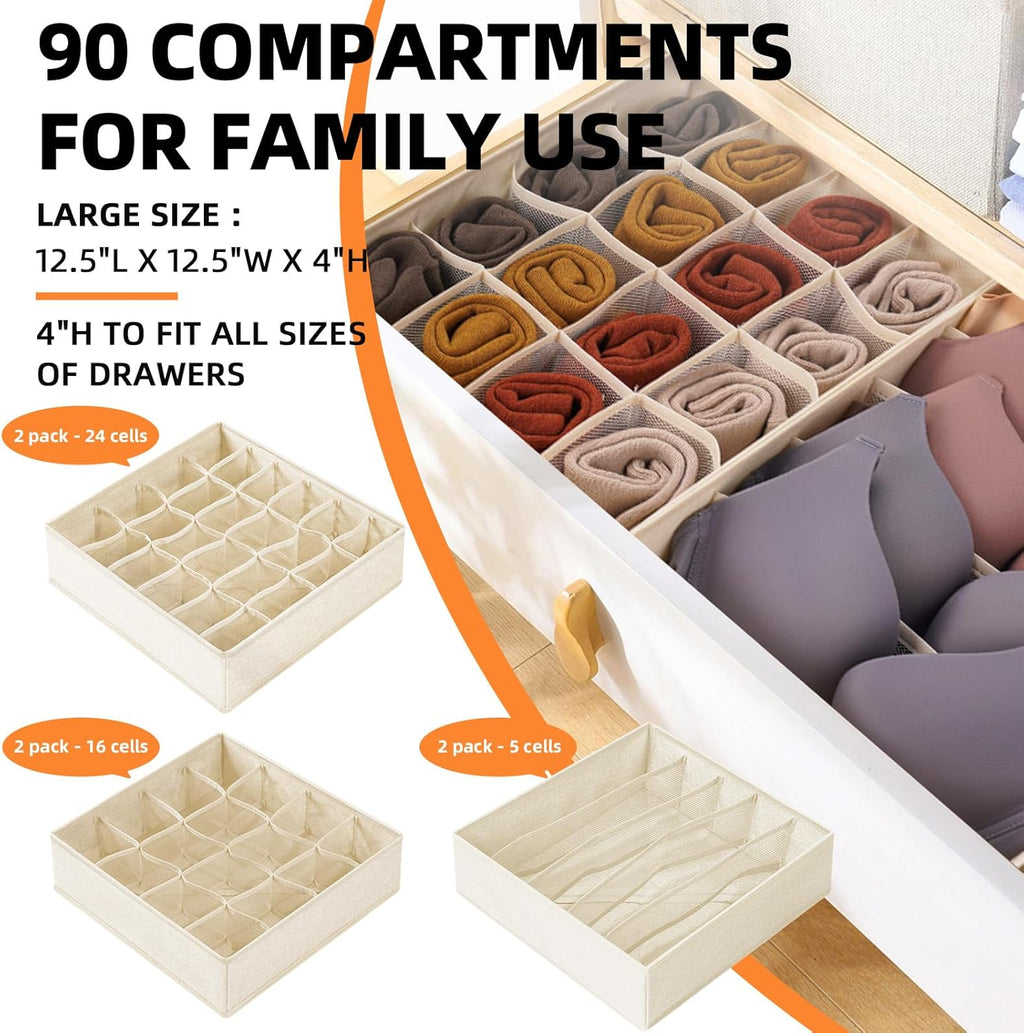 Criusia 6 Pcs Drawer Organizer Clothes - 90 Cells Closet Organizers and Storage for Baby Nursery - Washable Fabric Dresser Organizer Dividers for Sock Underwear Bra Dorm Room Essentials (Beige)