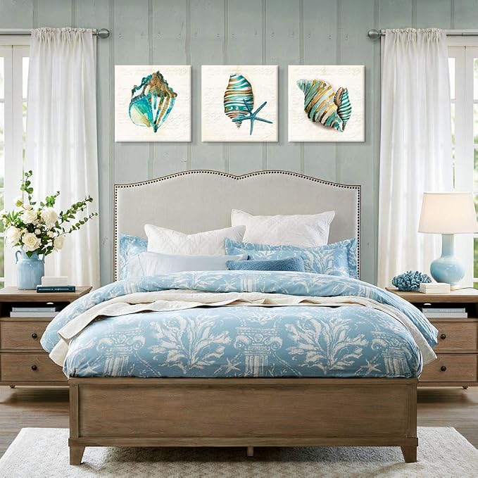 JAPO ART - Sea Lift Picture Abstract Artwork Aquarelle Color Blue Shells Gold - Image 4