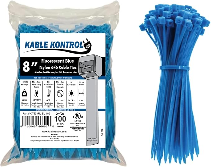Kable Kontrol Fluorescent Blue Zip Ties 8 Inch 100 Pcs, 50 Lbs Tensile Strength by KABLEKONTROL%C2%AE