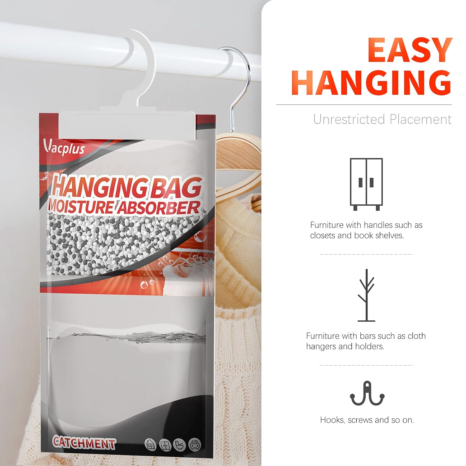 Vacplus Moisture Absorbers, Hanging Closet Dehumidifier Bags, Humidity Packs, Desiccant, Closet Dehumidifiers with Activated Charcoal, 10 Pack, 9.8 OZ