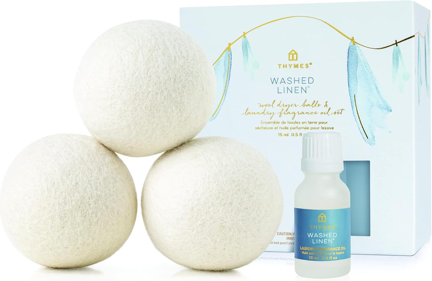 Thymes Wool Dryer Balls Set – Includes 3 Wool Laundry Balls + 1 Scented Laundry Fragrance Oil for Dryer – Eliminate Wrinkles, Static & Lint (Washed Linen, 0.5 fl oz)