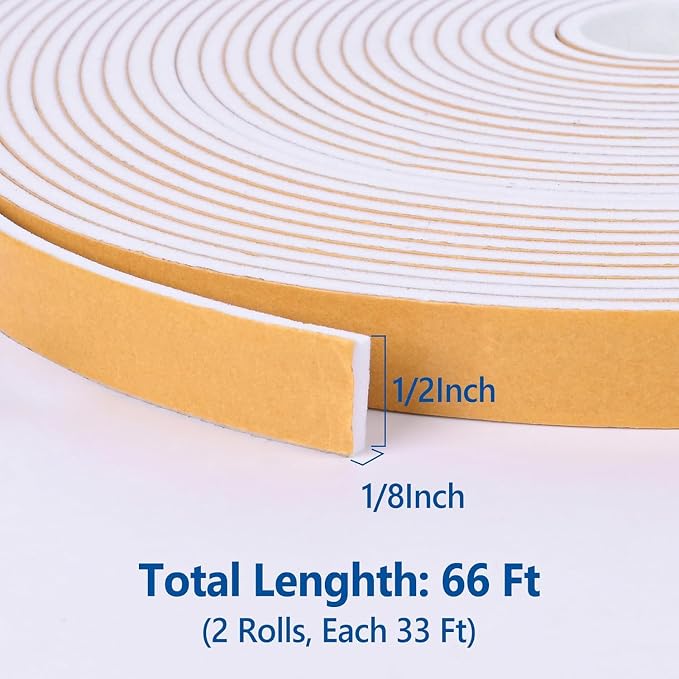 Kikerike Self Adhesive Foam Tape Weatherstrip 1/2in x 1/8in x 66Ft High Density - Image 2