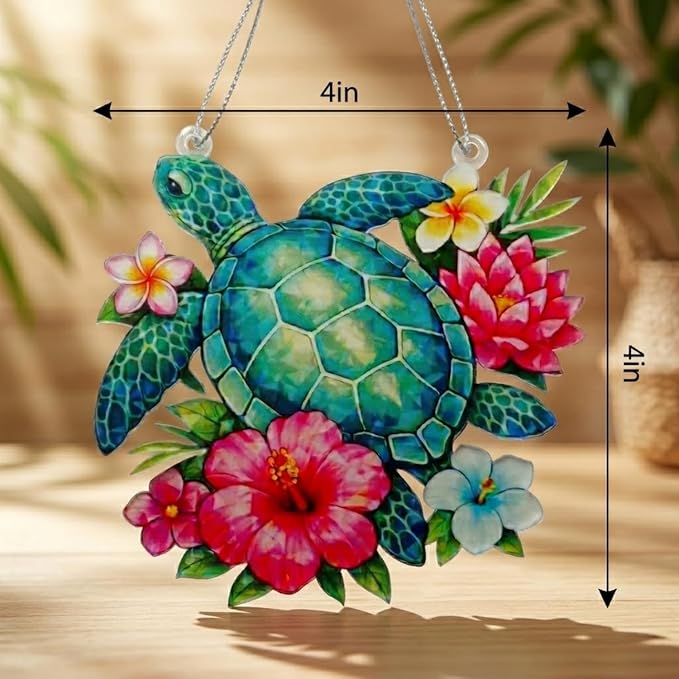 Sea Turtle Gifts for Women, Acrylic Faux Stained Glass Ornament, Floral Turtle - Image 3